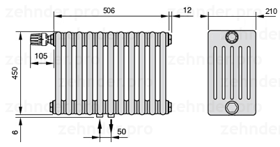 Схема (чертеж) Радиатор Zehnder Charleston 6045/11 №V007 Белый глянцевый RAL 9016